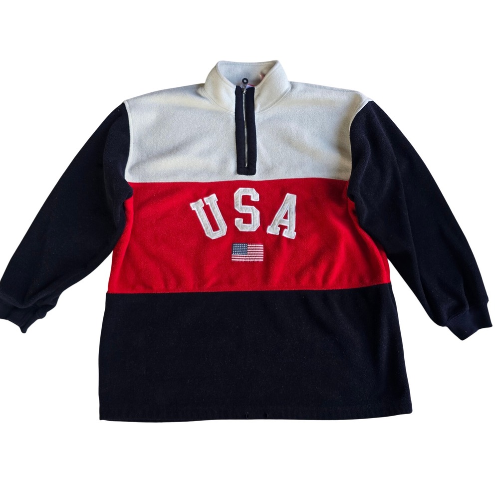 Liz Claiborne Mens USA Fleece Quarter Zip Pullover Red White Navy Blue Large